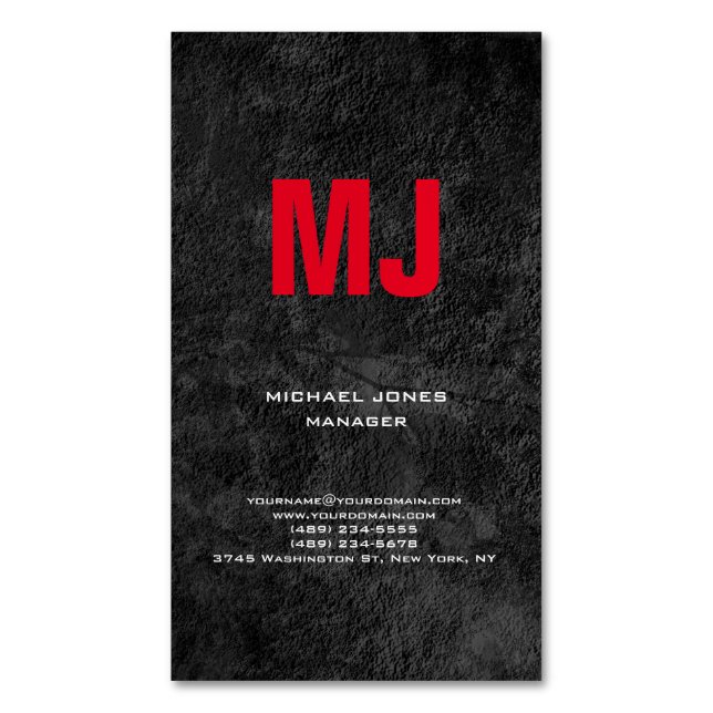 Trendy unique grey vertical huge red monogram business card magnet (Front Vertical)
