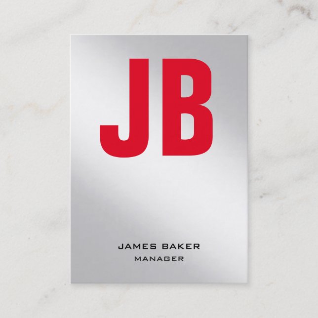 Trendy unique metallic silver red plain monogram business card (Front)