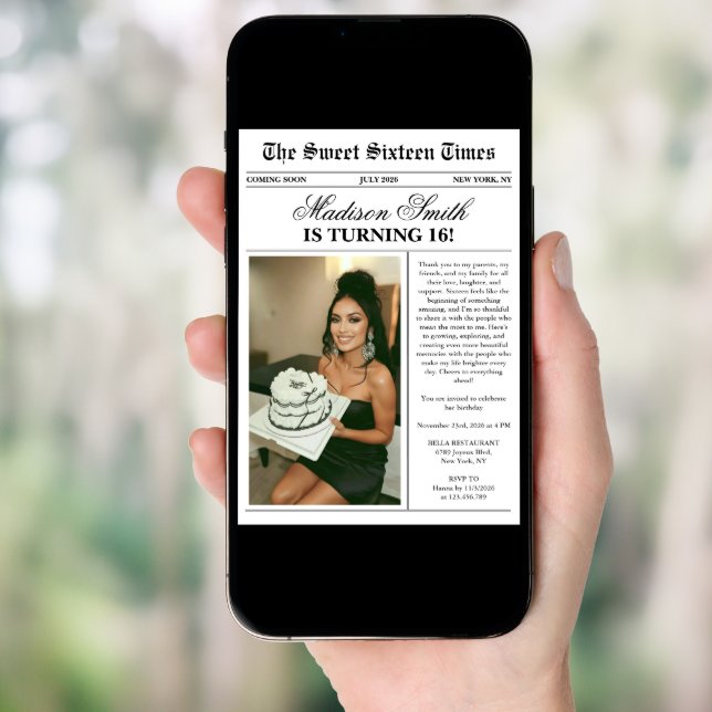 Trendy Unique Newspaper Photo Sweet 16 Invitation (Front Digital)