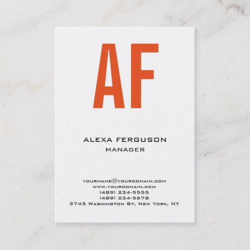 Trendy unique plain simple orange white monogram business card