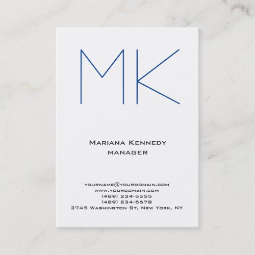 Trendy unique plain simple white blue monogram business card
