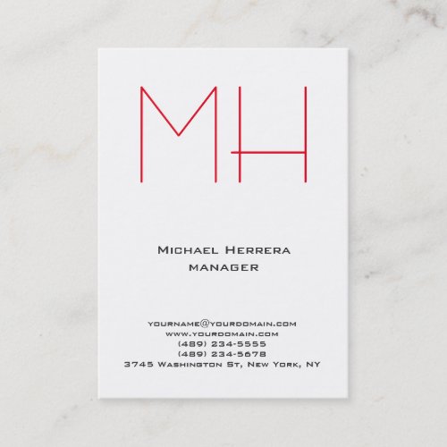 Trendy unique plain simple white red monogram business card