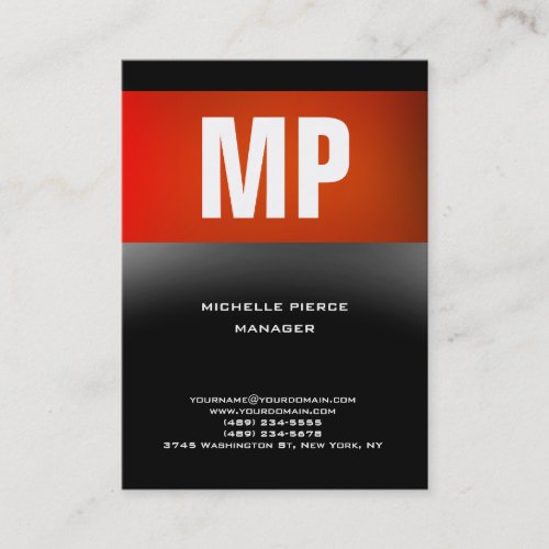 Trendy unique red grey vertical huge monogram business card