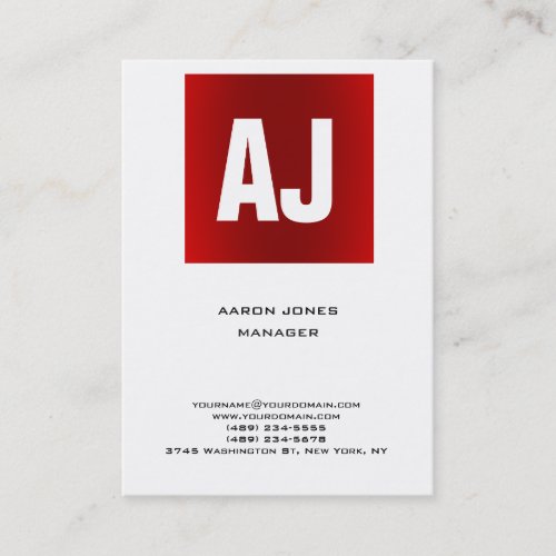 Trendy unique red white vertical huge monogram business card