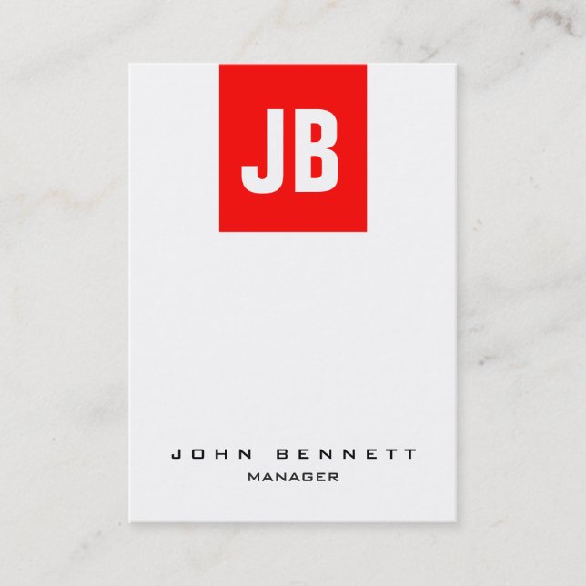 Trendy unique red white vertical plain monogram business card (Front)