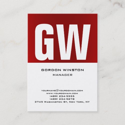 Trendy unique red white vertical plain monogram business card