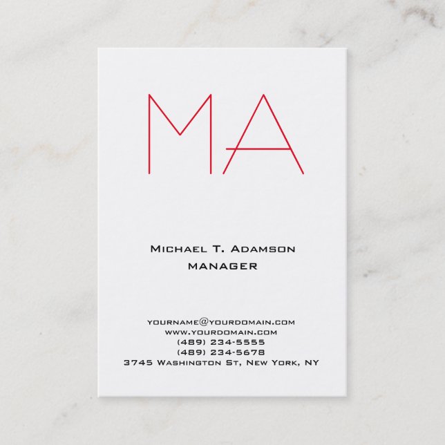 Trendy unique white professional red monogram business card (Front)