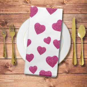 Trendy Valentine Pink Glitter Hearts on White Cloth Napkin