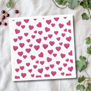 Trendy Valentine Pink Glitter Hearts on White Napkins