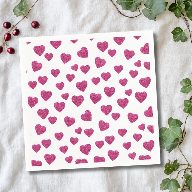 Trendy Valentine Pink Glitter Hearts on White Napkins (Creator Uploaded)