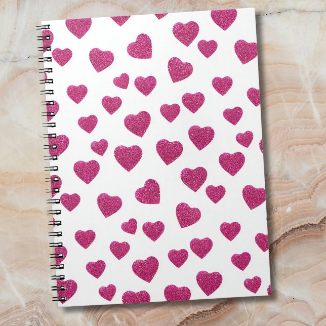 Trendy Valentine Pink Glitter Hearts on White Notebook (Creator Uploaded)