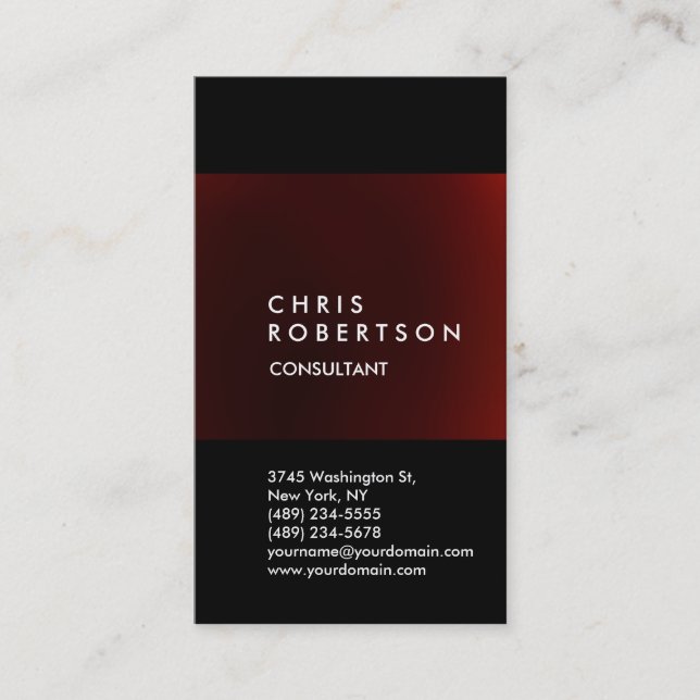 Trendy Vertical Black Red Stripe Business Card (Front)