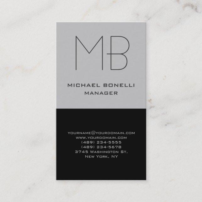 Trendy vertical gray black monogram business card (Front)
