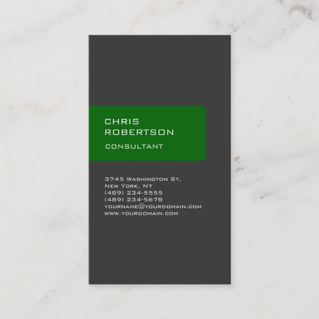 Trendy vertical green gray modern business card (Front)