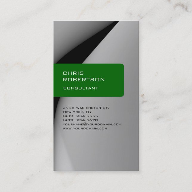 Trendy vertical green grey modern business card (Front)