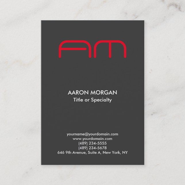 Trendy Vertical Modern Monogram Grey Red Business Card (Front)
