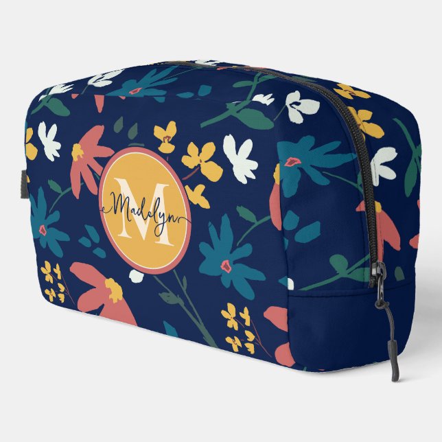 Trendy Vibrant Floral Pattern on Blue Monogram Dopp Kit (Right Corner)