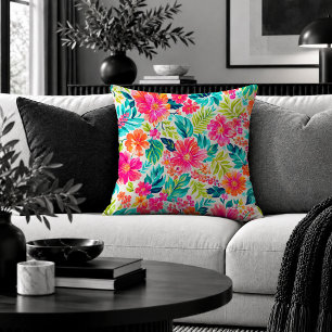 Trendy Vibrant Pink Green Preppy Floral Pillow Dec