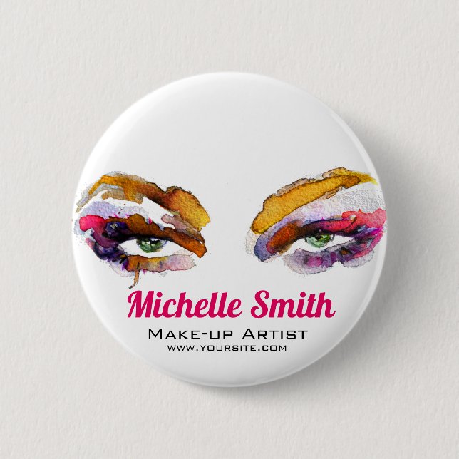 Trendy Vibrant Watercolor Eye Makeup Artist Button (Front)