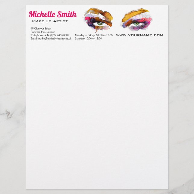 Trendy Vibrant Watercolor Eye Makeup Artist Letterhead (Front)