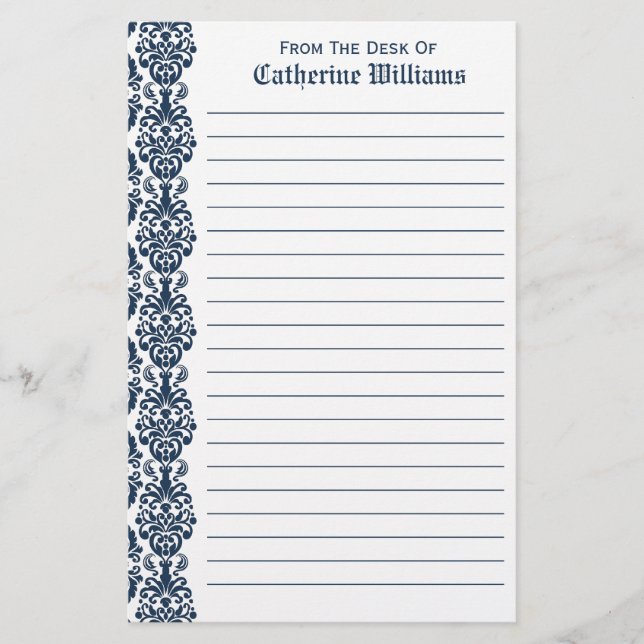 Trendy Victorian Navy Blue Lace Damask Side Border Stationery (Front)