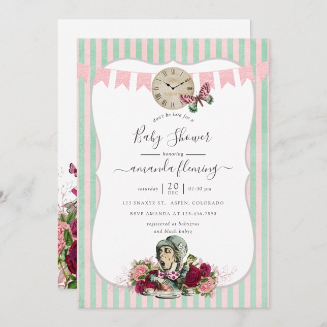 Trendy Vintage Alice In Wonderland Baby Shower Invitation (Front/Back)