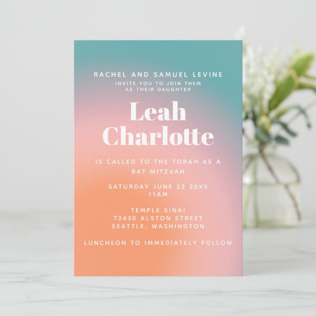 Trendy Vintage Gradient Teal Pink Bat Mitzvah  Invitation (Standing Front)