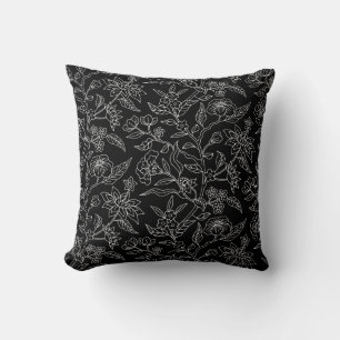 Trendy Vintage Inspired Black Floral Pattern Throw Pillow