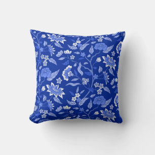 Trendy Vintage Inspired Blue Floral Pattern Throw Pillow