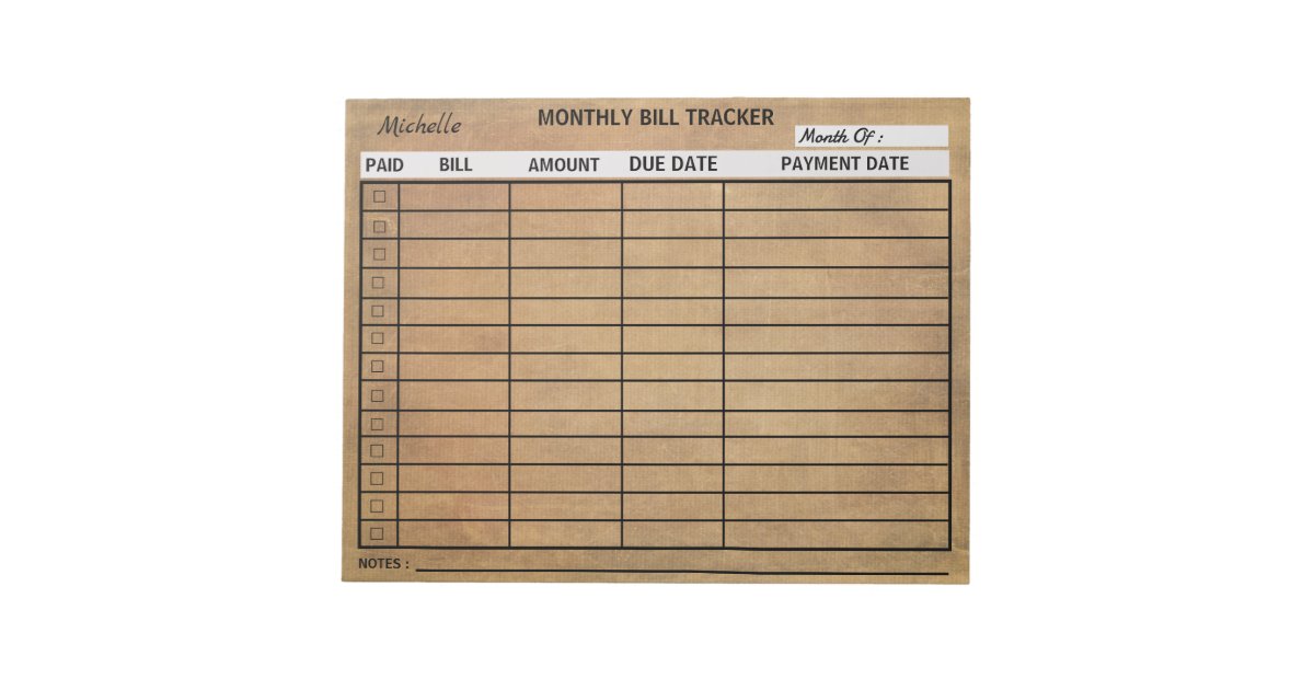 Trendy vintage Monthly Bill Tracker Notepad Custom | Zazzle