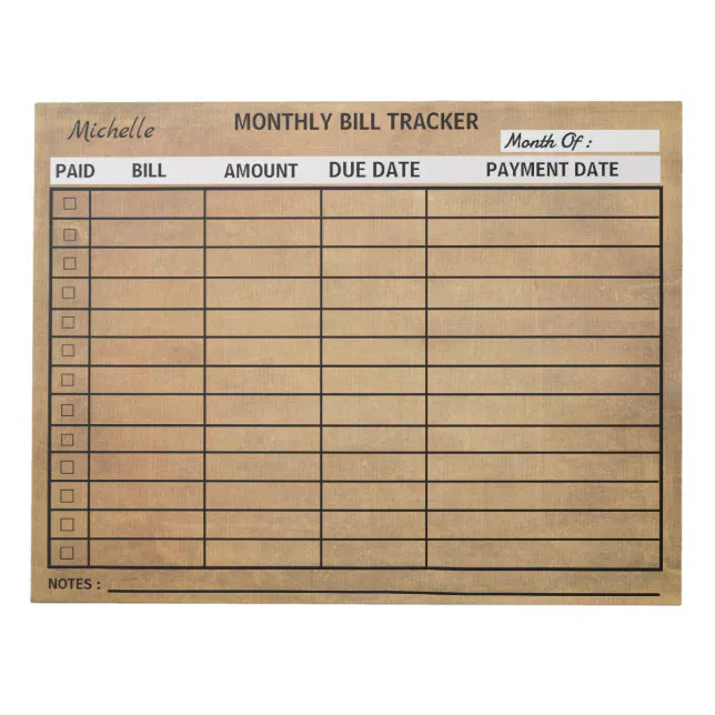Trendy vintage Monthly Bill Tracker Notepad Custom | Zazzle
