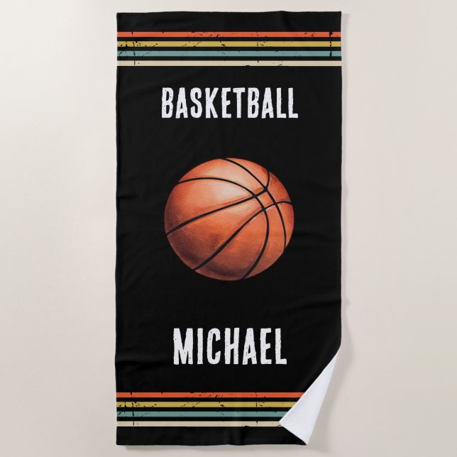 Trendy Vintage Personalized Basketball Black       Beach Towel (Front)
