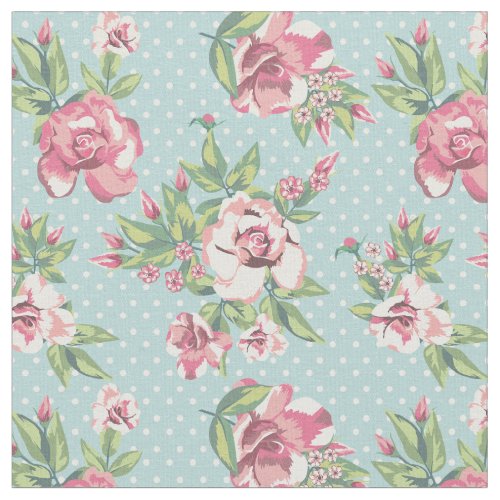 Trendy vintage pink rose polka dots floral blue fabric