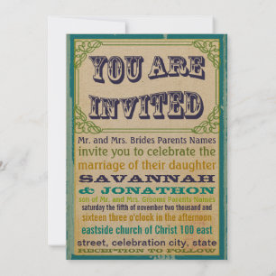 Trendy Vintage Poster Style Navy Copper and Green Invitation