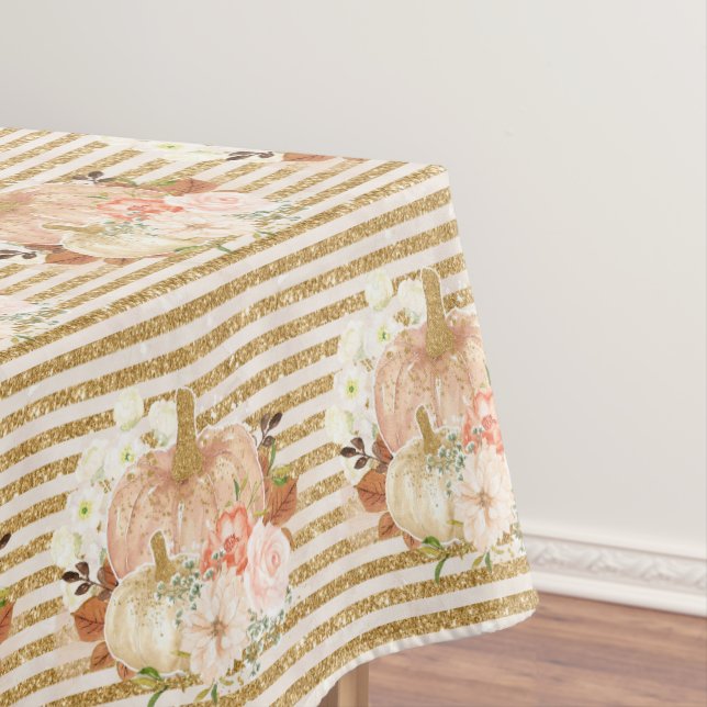 Trendy Vintage Pumpkin Gold Glitter Stripe Pattern Tablecloth (In Situ)