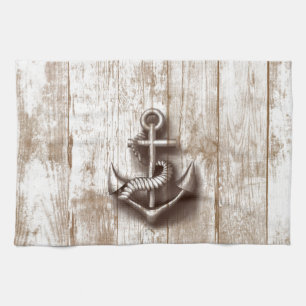Trendy vintage rustic nautical anchor wooden towel