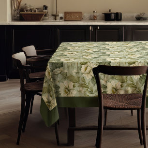 Trendy vintage soft pastel green and white flowers tablecloth
