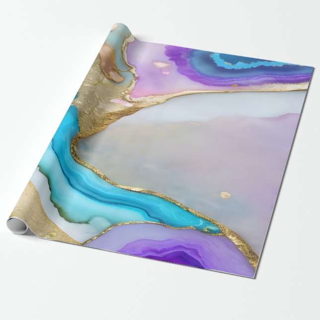 Trendy Violet Blue Gold Marble Granite Stone  Wrapping Paper (Unrolled)
