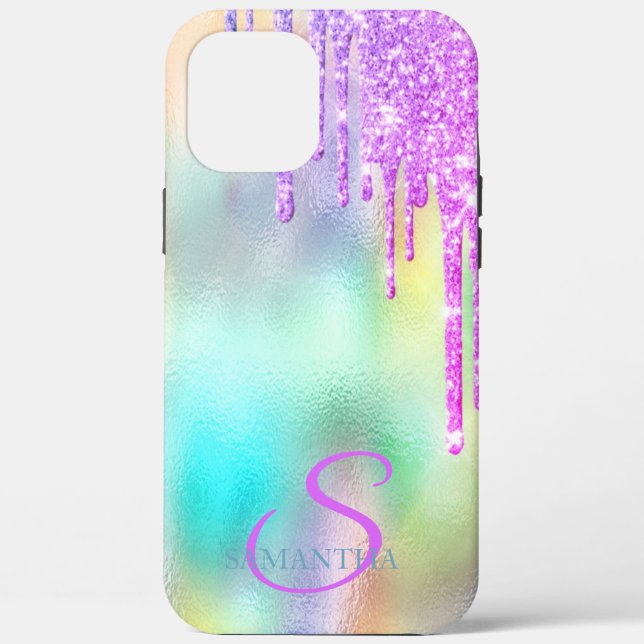 Trendy Violet Glitter Drips Holographic Case-Mate iPhone Case (Back)