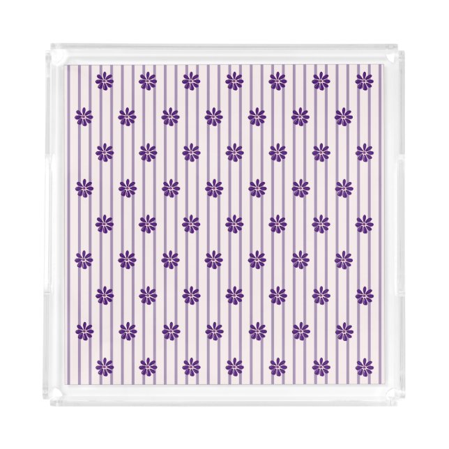 Trendy Violet Stripes & Purple Flower Rows Vanity Acrylic Tray (Front)
