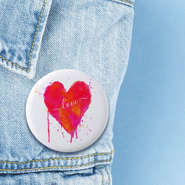Trendy Watercolor Artsy Valentine's Day Heart Love Button