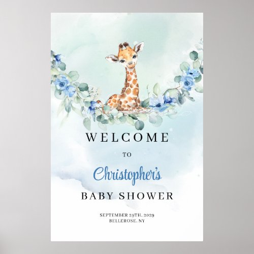 Trendy watercolor baby giraffe Baby Shower Welcome Poster