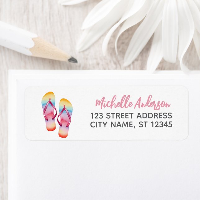 Trendy Watercolor Beach Flip Flops Return Address  Label (Insitu)