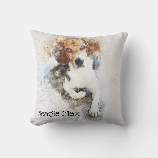Trendy Watercolor Beagle Dog Personalized Throw Pillow (Front)