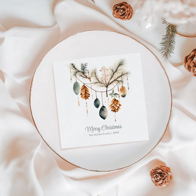 Trendy Watercolor Boho Christmas Ornaments Napkins (Trendy Watercolor Boho Christmas Ornaments Napkins on a white Christmas table.)