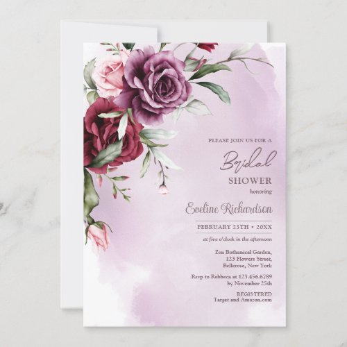 Trendy watercolor boho mauve and burgundy roses invitation