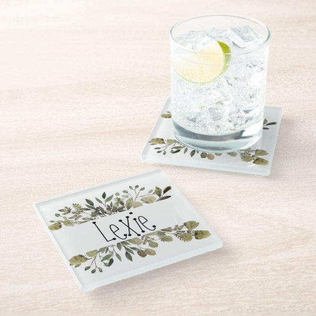 Trendy Watercolor Botanical Personalized  Glass Coaster (Angled)