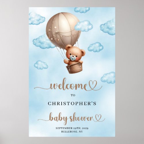 Trendy watercolor brown teddy bear hot air balloon poster