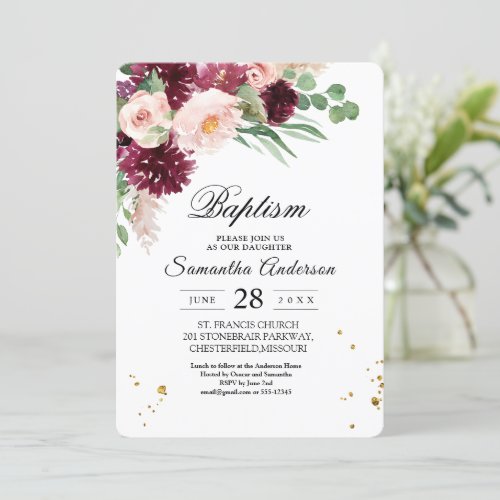 Trendy Watercolor Burgundy Blush Pink Floral  Invitation