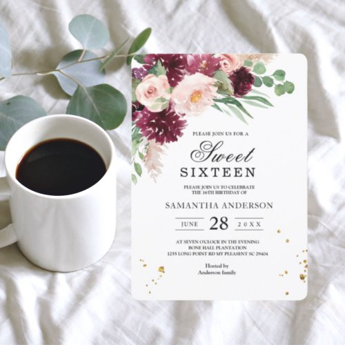 Trendy Watercolor Burgundy Blush Pink Floral  Invitation